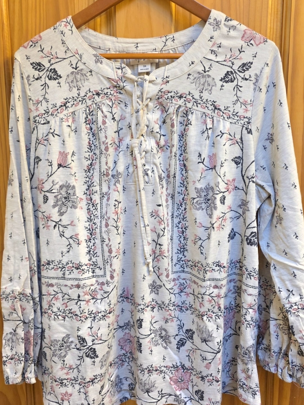 Style & Co. Lace-Up Floral Long-Sleeve Top - White with Pink & Gray